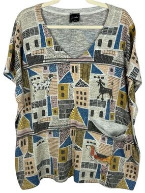 ⁠Inoah Quirky Whimsical Oversized Dog Village Knit V-Neck Pocket Top Large⁠